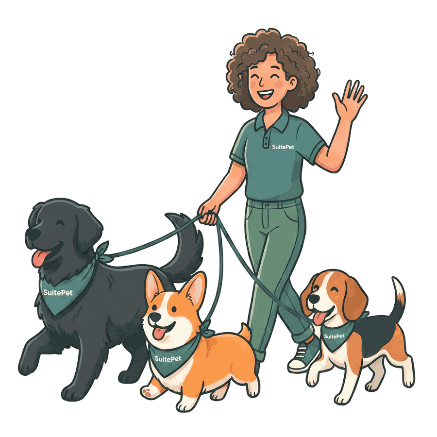 Illustration of a dog walker with three dogs wearing SuitePet bandanas